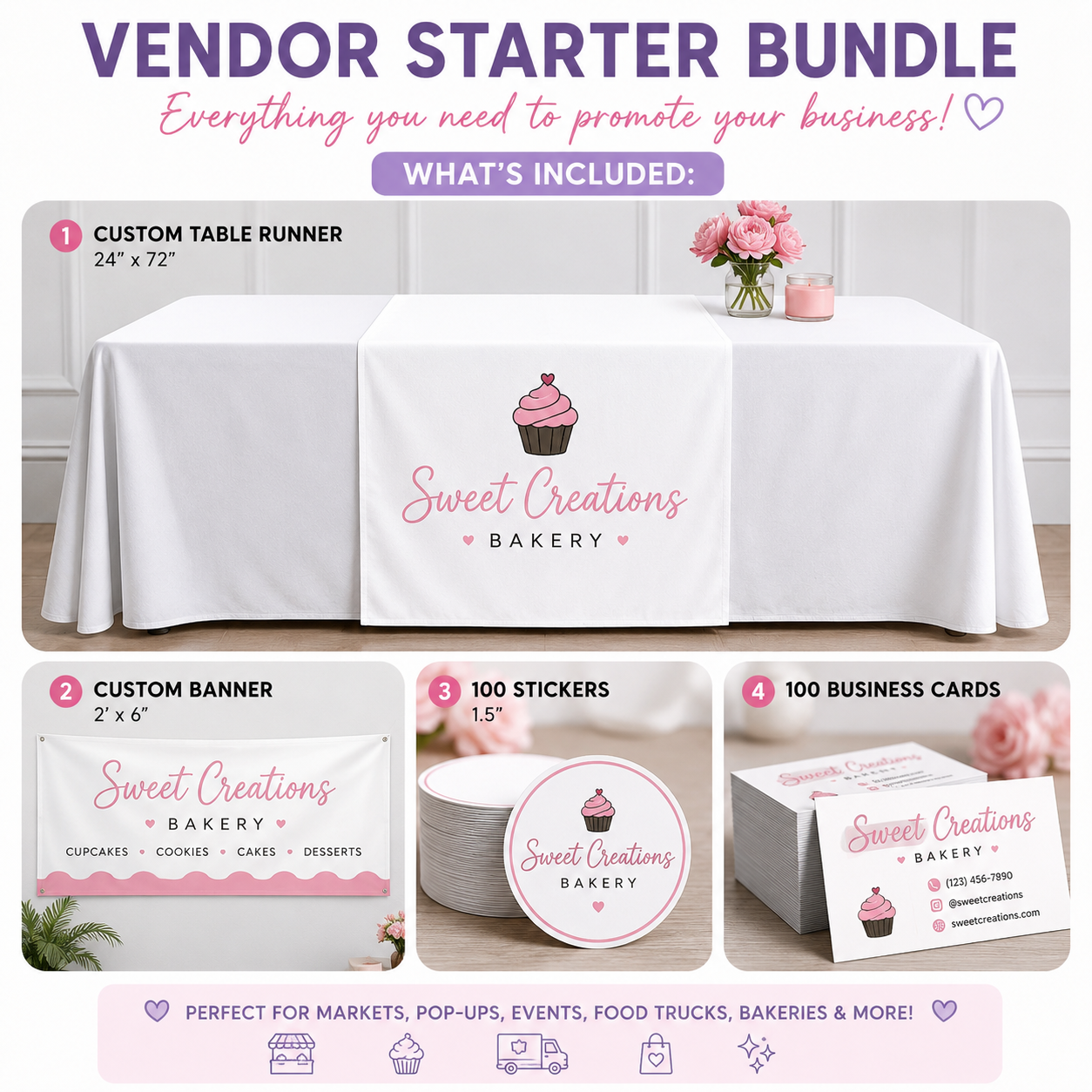 Vendor Starter Bundle | Custom Table Runner + Banner + Stickers + Business Cards